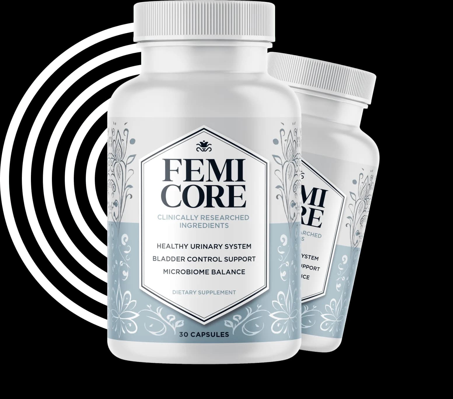 Two FemiCore dietary supplement bottles, 30 capsules each