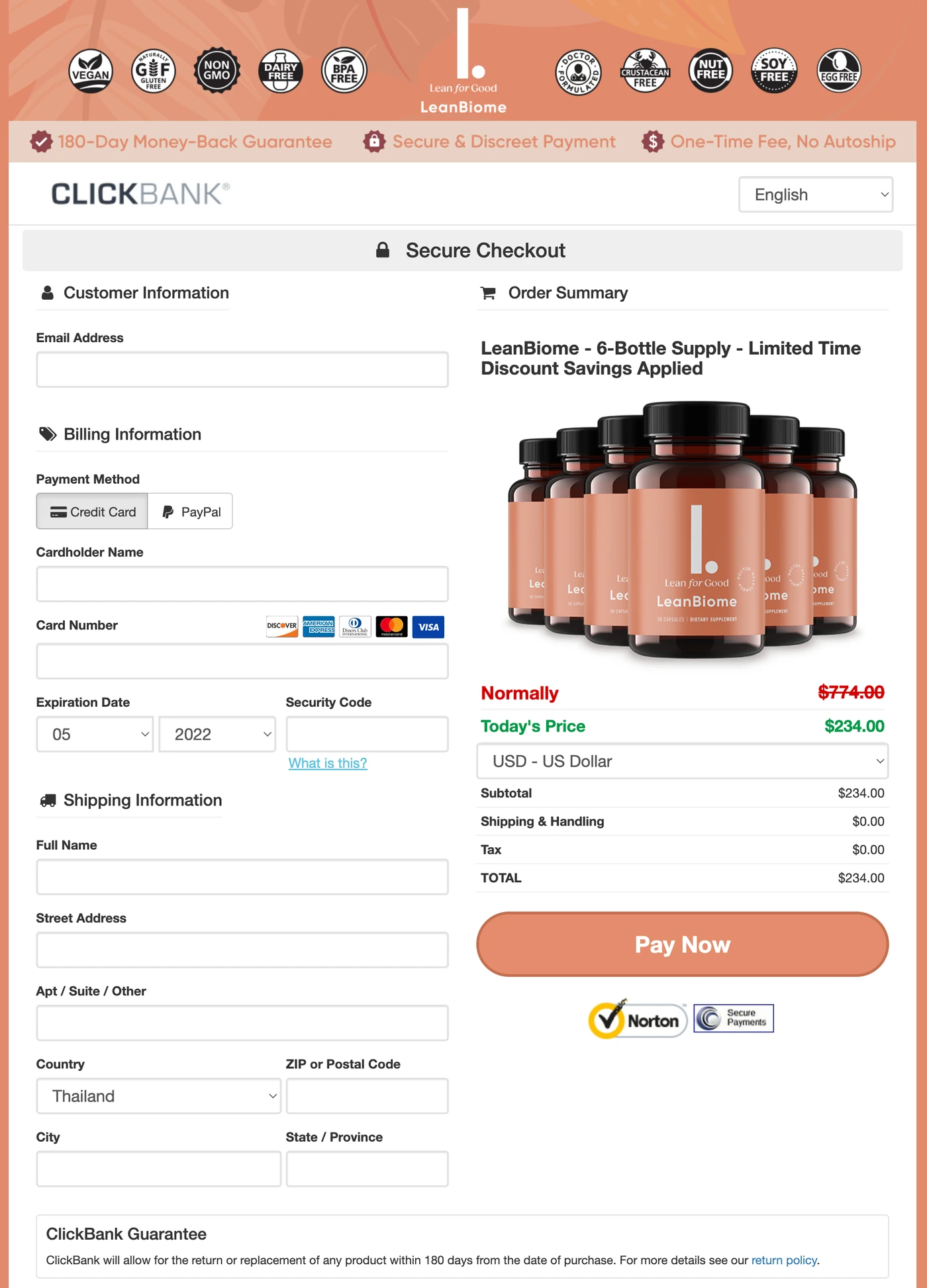 LeanBiome secure checkout / order page showing the 6-bottle supply, order summary and ClickBank guarantee