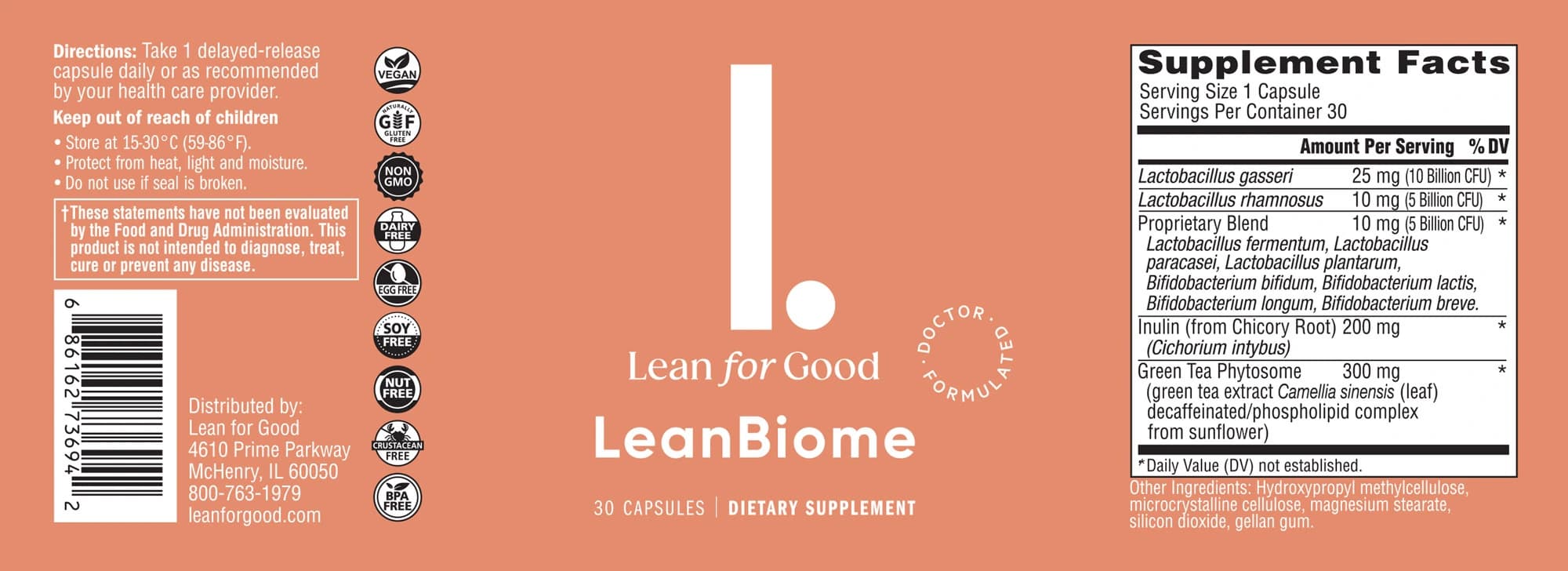 LeanBiome directions and Supplement Facts label: serving size 1 capsule, 30 servings per container, probiotic blend, Greenselect green-tea phytosome and chicory-root inulin