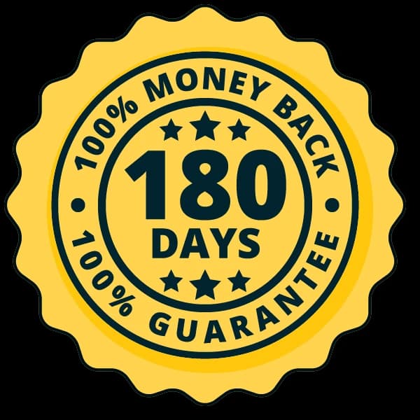 180-day 100% money-back guarantee seal