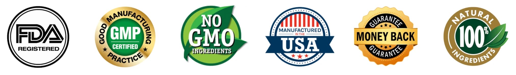 LeanBiome trust badges: FDA registered facility, GMP certified, no GMO ingredients, manufactured in the USA, money-back guarantee, 100% natural ingredients
