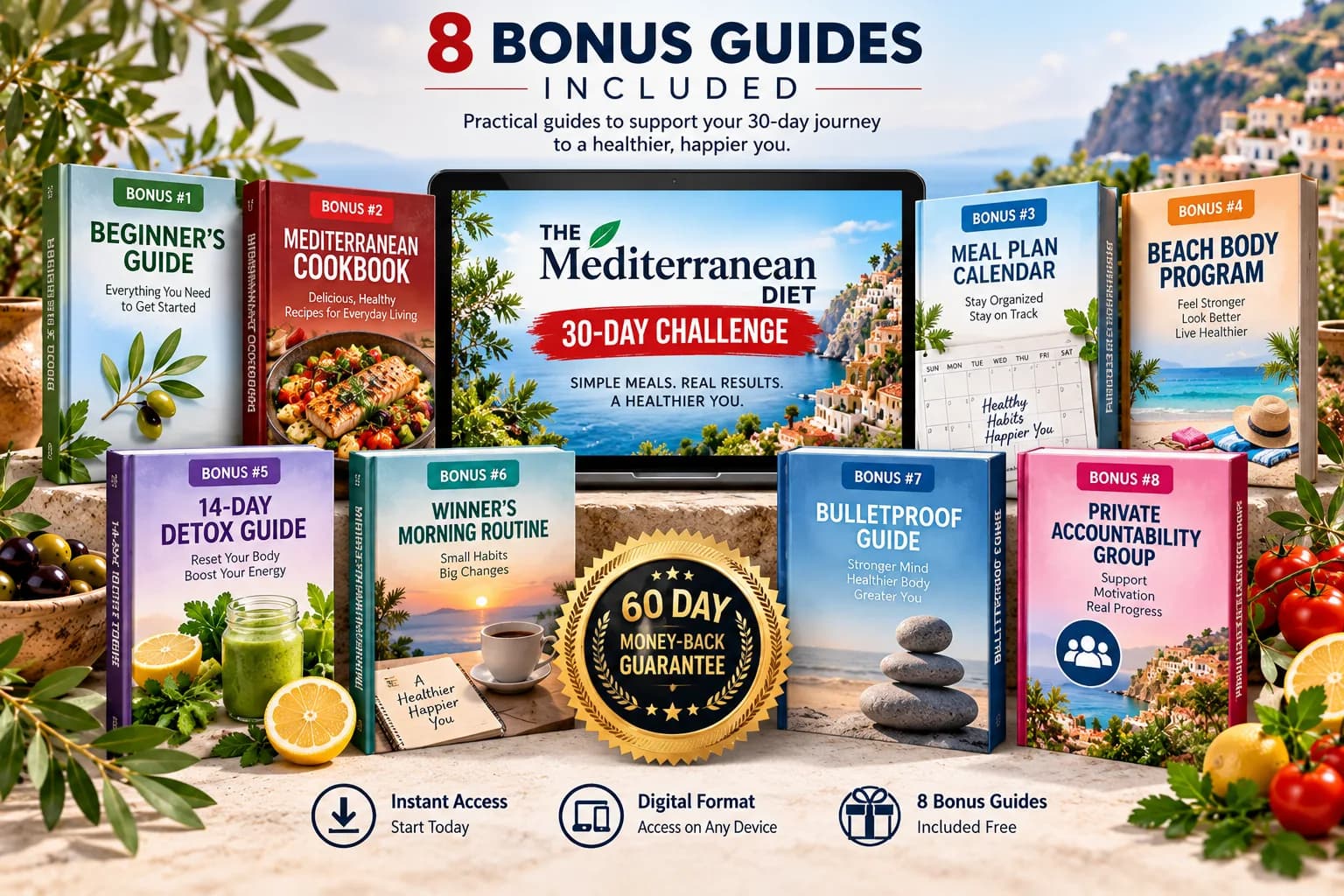 The eight digital bonus guides included with the Mediterranean Diet 30-Day Challenge