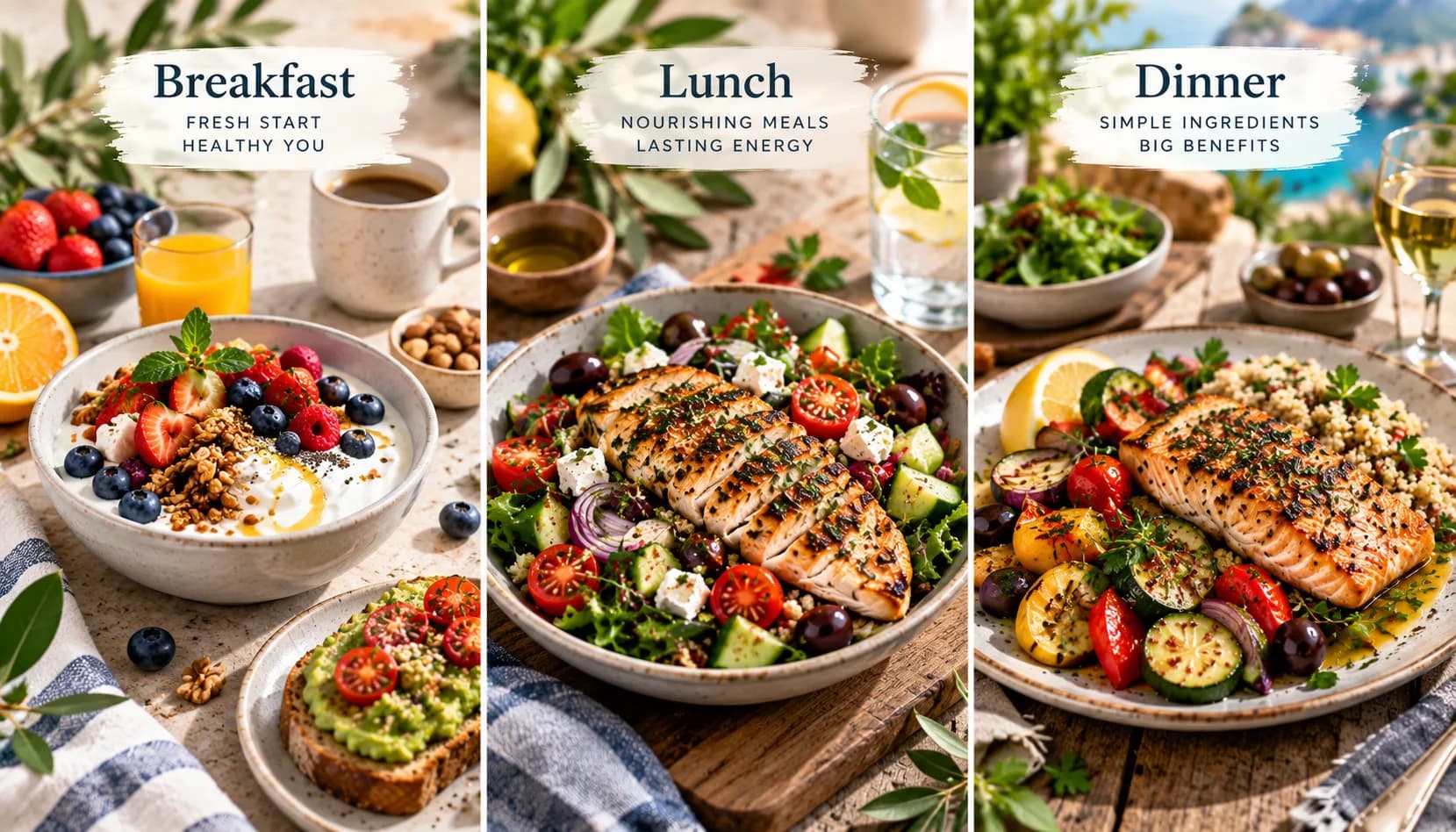 Mediterranean breakfast, lunch and dinner examples side by side