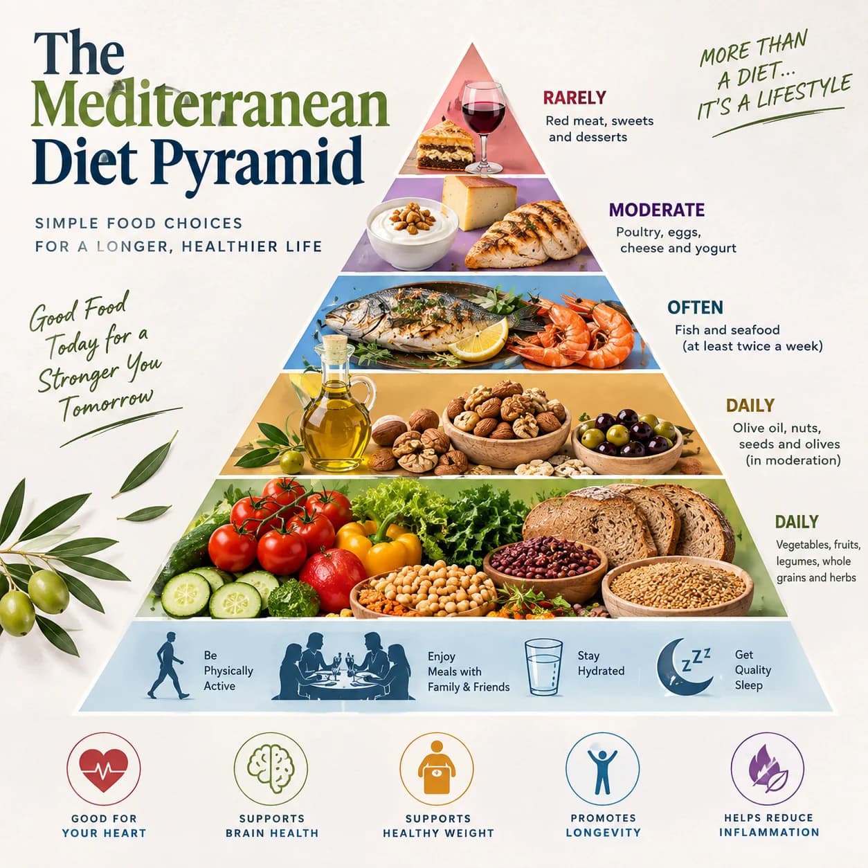 The Mediterranean diet food pyramid showing which foods to eat daily, often, moderately and rarely