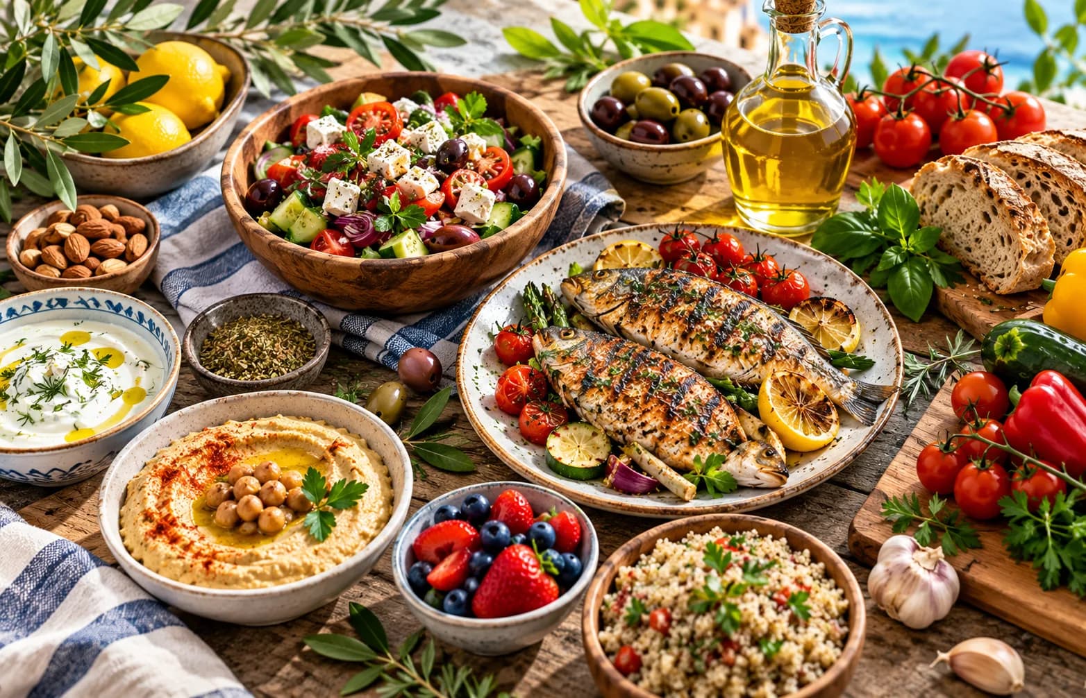 A Mediterranean diet food spread with salad, grilled fish, hummus, olives, olive oil and fresh vegetables