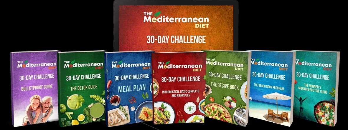 The Mediterranean Diet 30-Day Challenge digital product bundle with meal plan and bonus guides