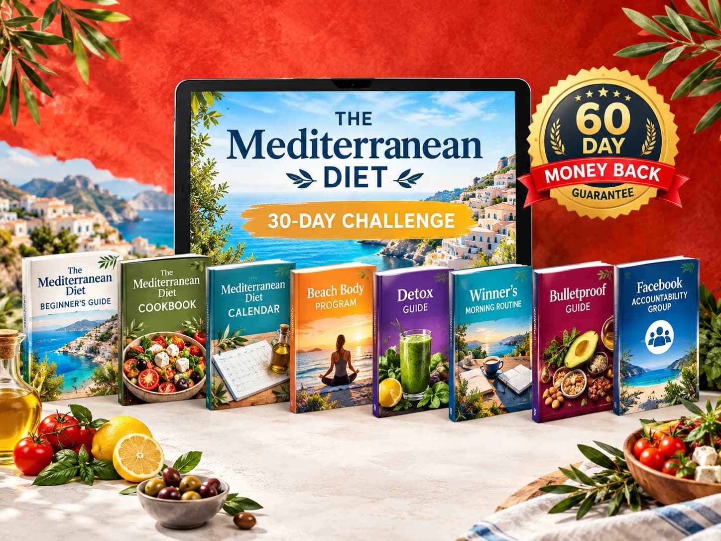 The complete Mediterranean Diet 30-Day Challenge bundle with all guides and the 60-day guarantee
