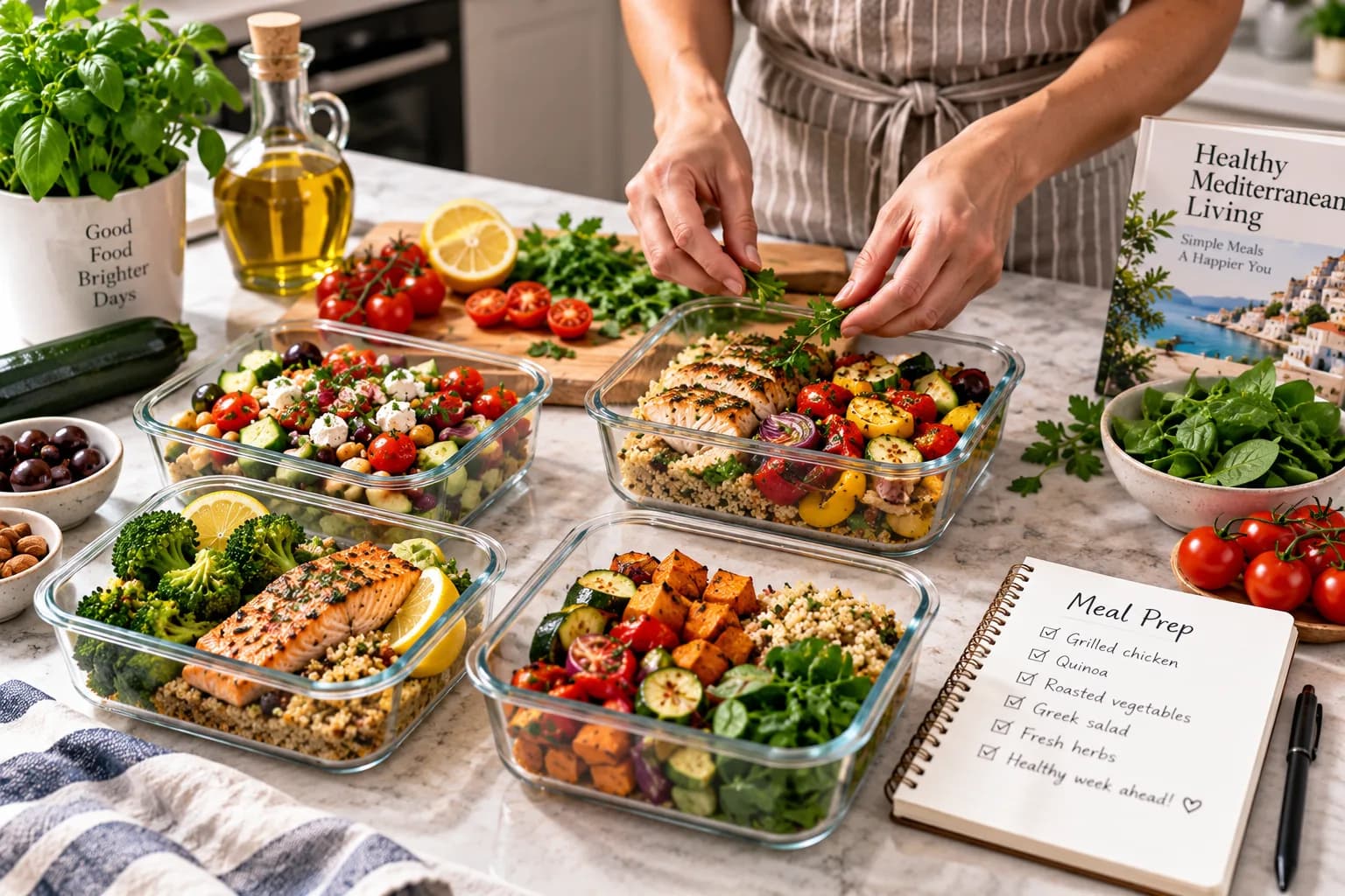 Mediterranean diet meal preparation with healthy ingredients in glass containers