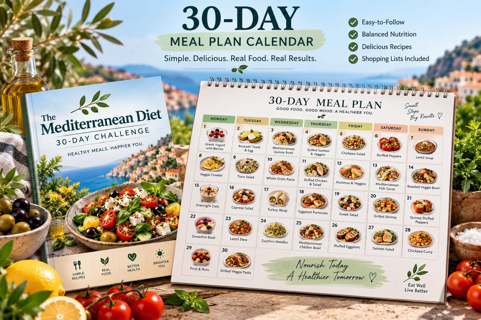 The Mediterranean Diet 30-day meal plan calendar showing planned meals for each day