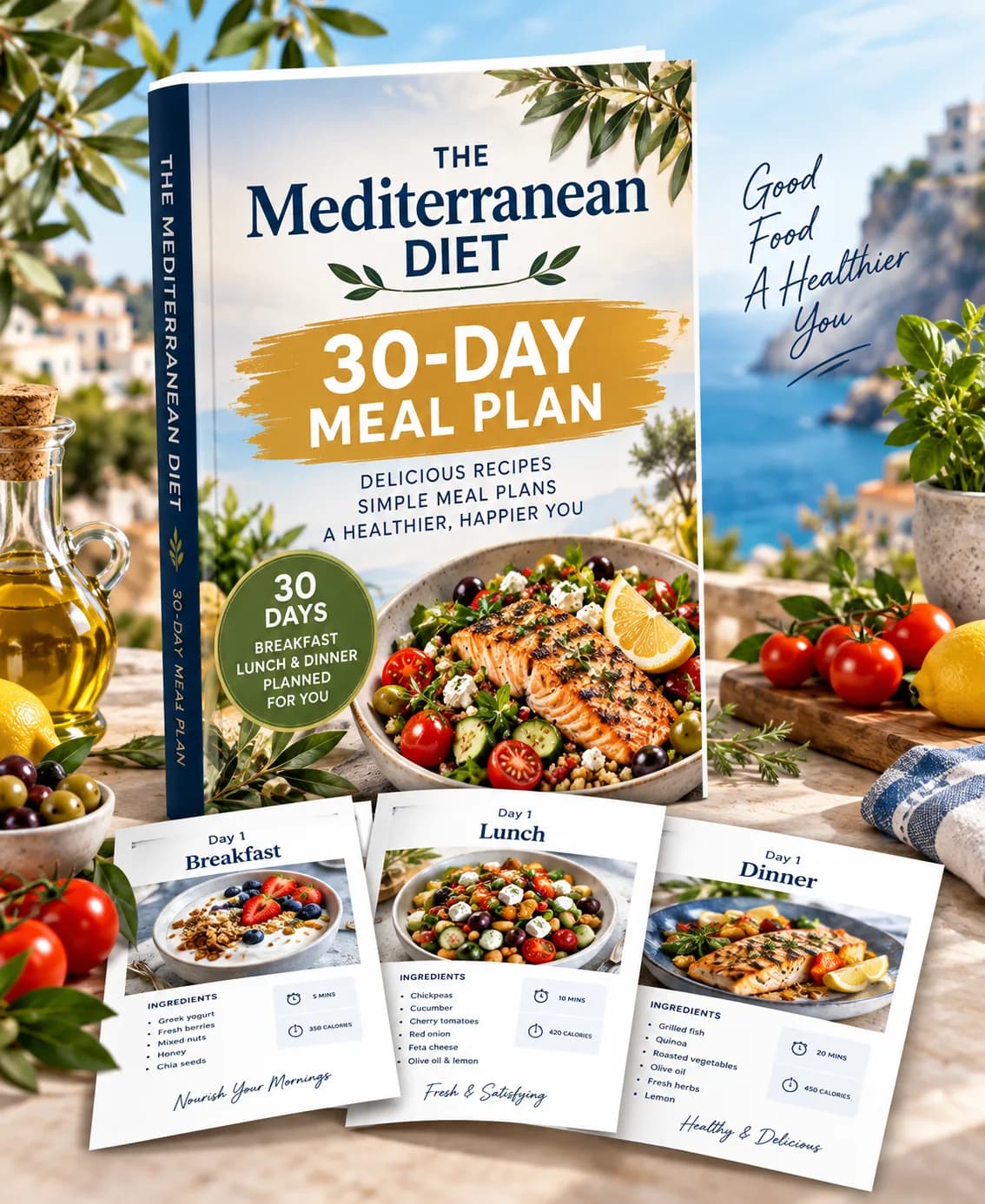 The Mediterranean Diet 30-Day Meal Plan guide with sample breakfast, lunch and dinner cards