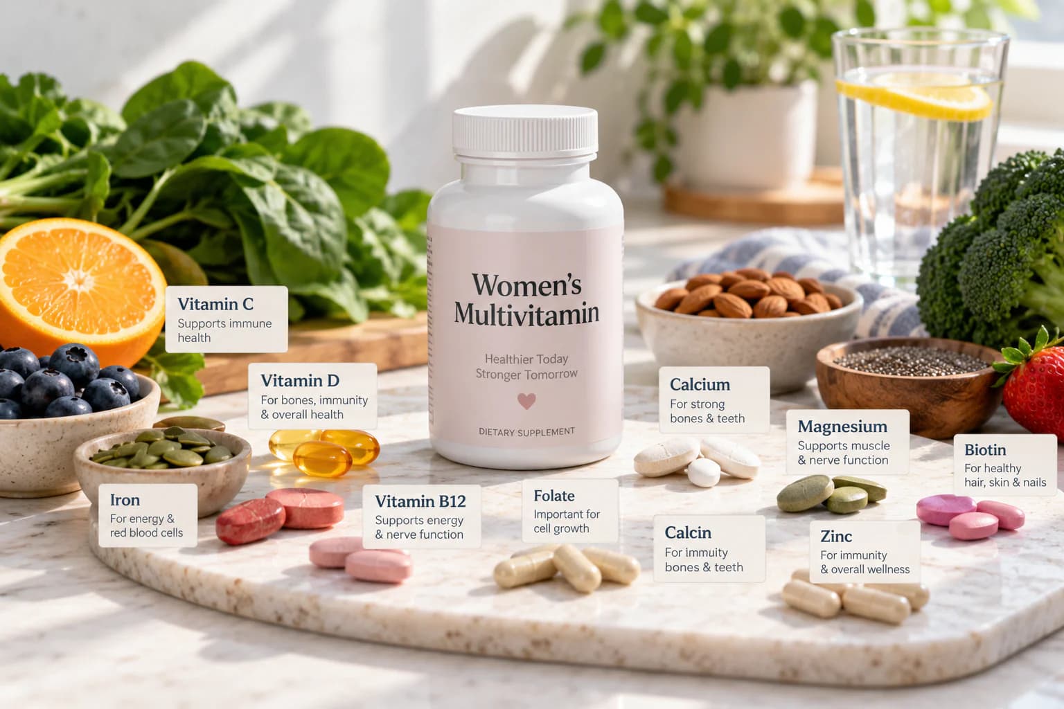 Women's multivitamin with commonly considered nutrients including iron, vitamin D, vitamin B12, folate, calcium, magnesium, zinc and biotin